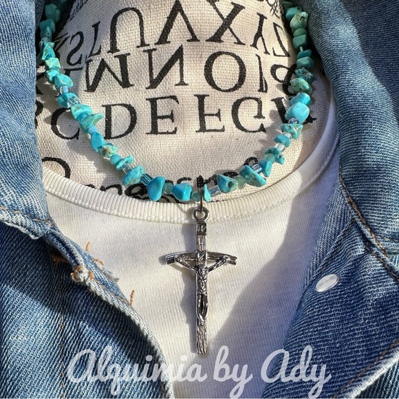 SILVER CROSS TURQUOISE NECKLACE - Picture 2 of 4